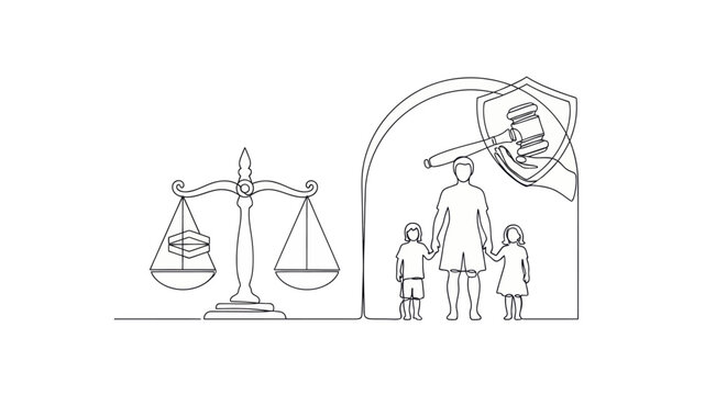 Continuous line drawing of scales of justice with a book on a white background
