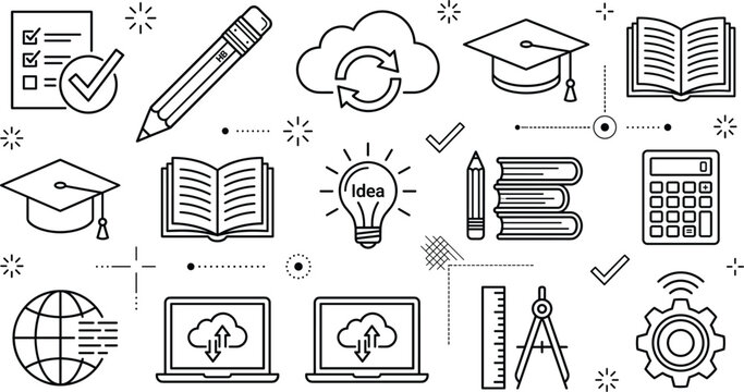 Education and online learning vector line icons set with graduation hat book laptop pencil lightbulb school doodle elements