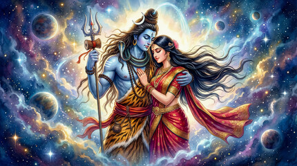 Fototapeta premium Shiv and Parvati: Eternal Cosmic Union Amidst Celestial Nebulae of Divine Love