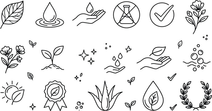 Natural organic skincare cosmetic line icon set with leaf flower aloe vera water drop chemical free badge vector