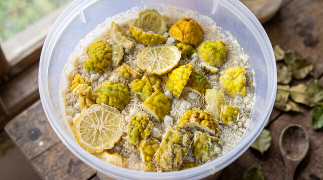 Close up of homemade organic kaffir lime fermentation with white yeast layer