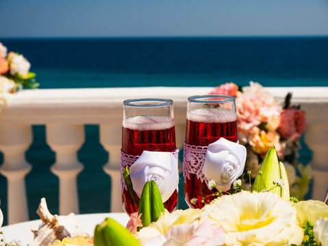 two bakals of Shamnasky on a background of blurred fruits, wedding installation