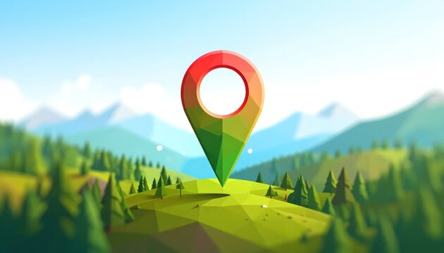 Colorful low poly 3D map pin standing prominently on a green digital mountain landscape under a bright blue sky symbolizing location travel and adventure.