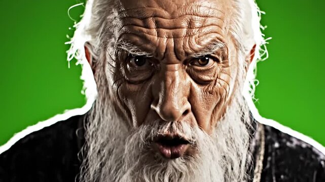 Close-up portrait of an old man with a white beard and hair looking directly at the camera with a green background