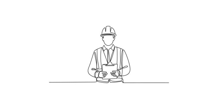 A minimalist line drawing of a construction worker holding a clipboard wearing a hard hat and vest on a white background
