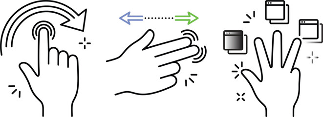 Obraz premium Touchscreen hand gestures line icon set featuring swipe tap drag multi touch window navigation interface control vector elements