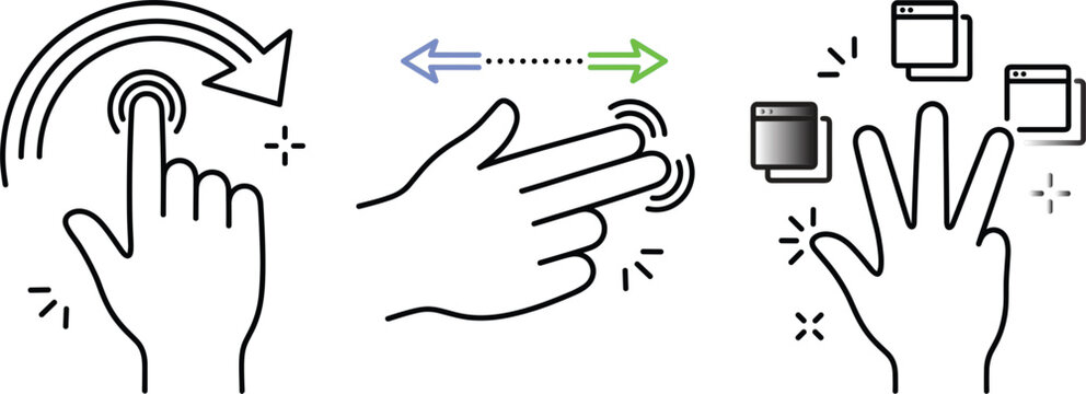 Touchscreen hand gestures line icon set featuring swipe tap drag multi touch window navigation interface control vector elements