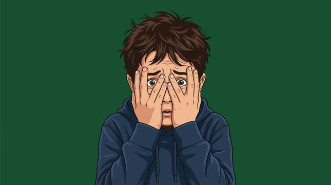 Scared Boy Peeking Through Fingers Vector Illustration
