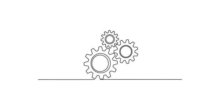 Simple line drawing of three interlocking gears on a white background
