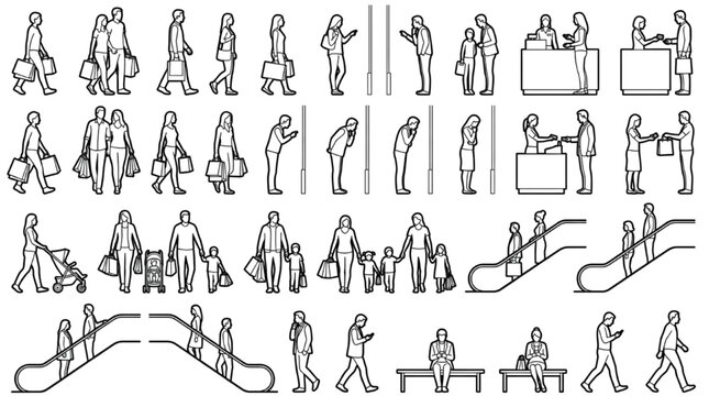 Vector line art collection of people shopping carrying bags interacting with cashiers and riding escalators for commercial architectural rendering entourage design elements