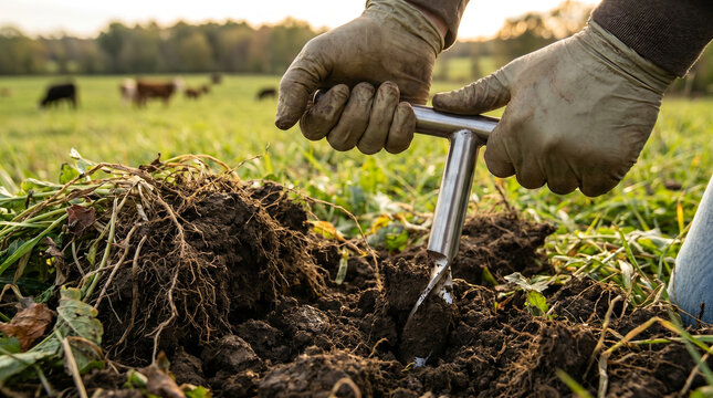 Farmer gloved hands holding T-handle tool, inserting probe into dark rich earth, collecting soil sample, rural agricultural green field pasture, agriculture and agronomy photography