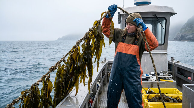 Seaweed kelp farmer in orange overalls, pulling thick rope covered in wet brown algae, harvesting marine plants onto boat deck, misty open ocean waters, aquaculture and commercial fishing photography