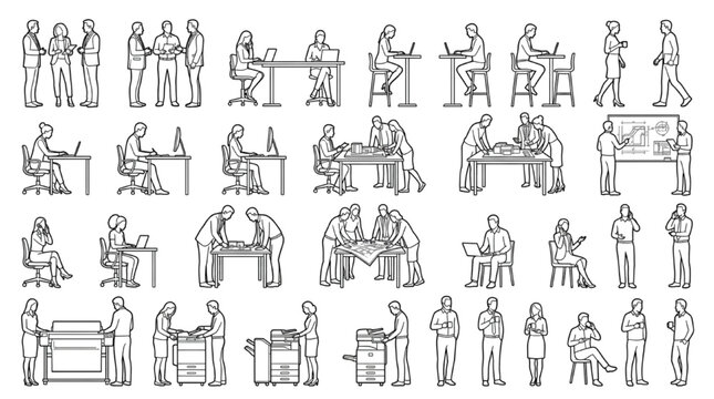 Vector line art collection of office workers corporate business people in meeting working on laptops planning blueprints and using copiers for architectural rendering entourage design elements