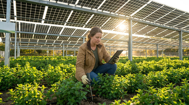 Female agricultural technician with digital tablet, using soil sensor probe, crouching down in rows of green crops under solar panels, agrivoltaic renewable energy farm, green farming photography