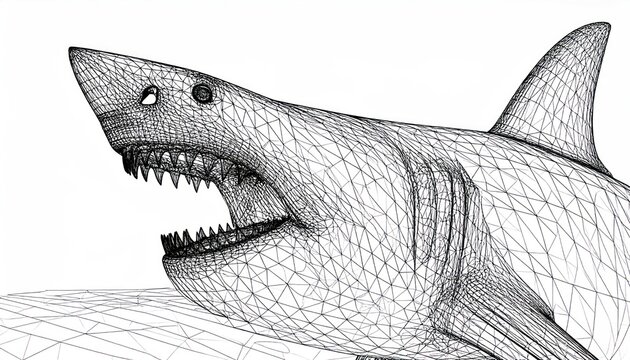 Detailed 3D wireframe render of a great white shark with its mouth open showcasing its formidable teeth and sleek body design in a black and white technical illustration style.
