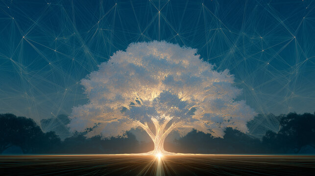 A classic tree of life diagram is unraveled and rewoven into a new, complex network of glowing light.