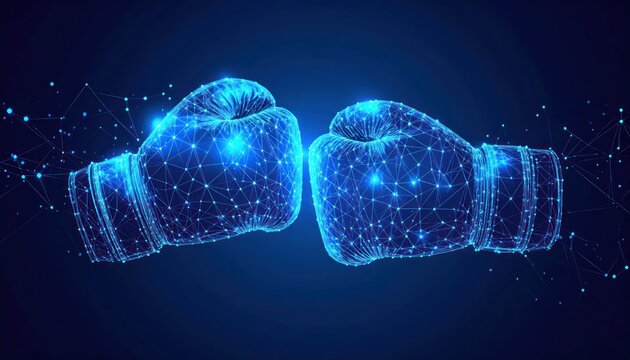 Digital blue boxing gloves in a futuristic wireframe and plexus network style ready for an intense competitive challenge