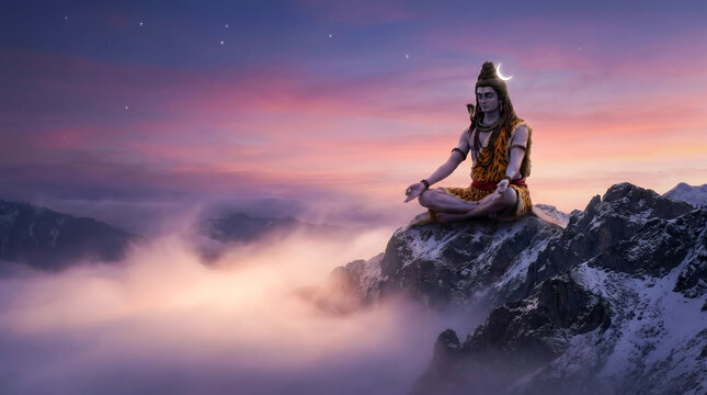 Shiv meditating on snow-capped mountain, Dhyan Mudra, cosmic sky with soft glowing nebula clouds, gentle light highlights, inspirational wallpaper