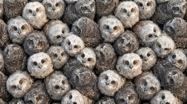 A dense cluster of fluffy owlets with large round eyes and mottled grey and white downy feathers baby owls