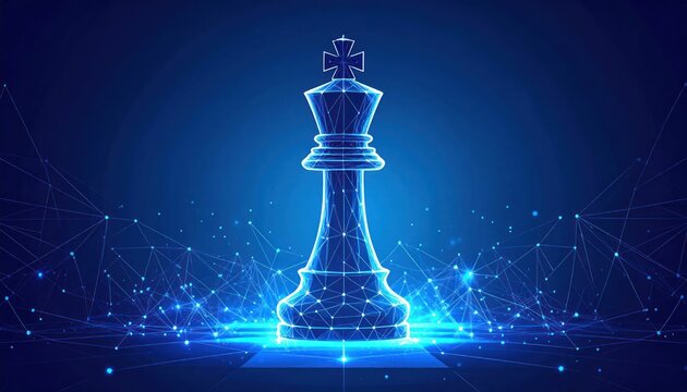 Digital glowing blue chess king piece rendered in futuristic network style representing strategy and technology