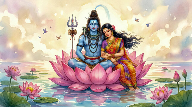 Shiva and Parvati Seated on a Floating Lotus in a Serene River, Divine Hindu Watercolor Illustration with Soft Pastel Reflections, Romantic Ethereal Spiritual Painting with Blooming Flowers