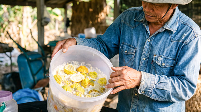 Asian senior farmer holding a bucket of fermented kaffir lime fruits for organic farming