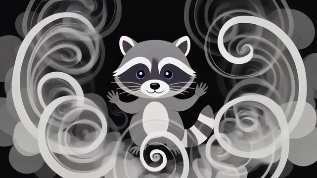 Cute cartoon raccoon with playful swirls and smoke effects