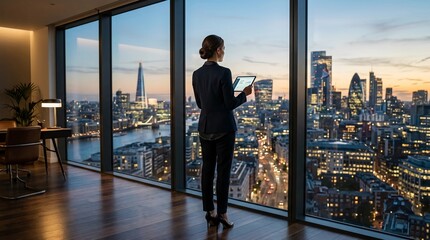 Fototapeta premium Person Learning on Tablet at Desk with City View