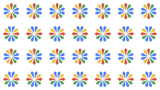 Abstract primary color star shape repeating vector background in blue, red, yellow, and green. Fun origami star ornament backdrop layout for wrapping paper or kids education design. Seamless pattern.
