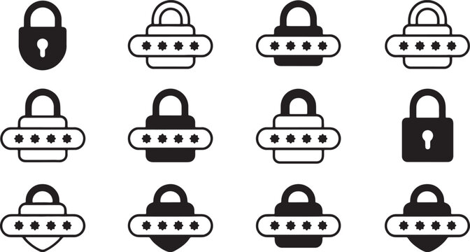 Set of twelve flat design padlock icons with various security levels and styles