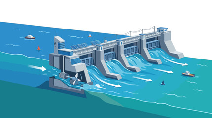 Fototapeta premium Hydroelectric dam generates power with water flowing through turbines in a serene lake environment.