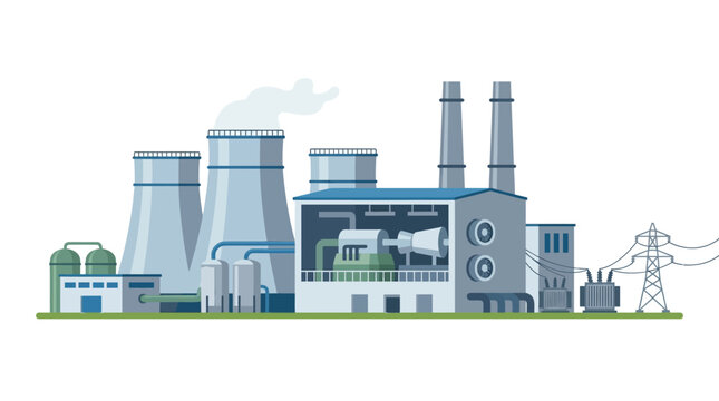 Industrial factory complex with cooling towers emitting smoke