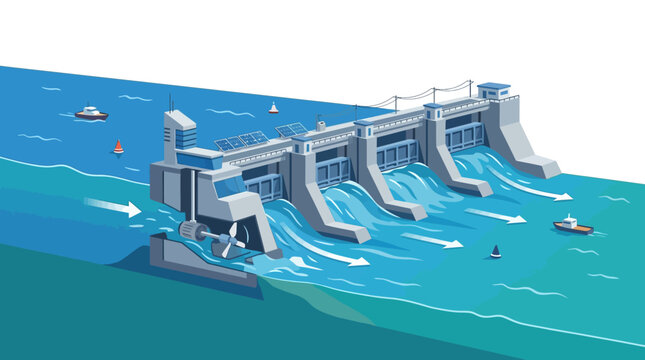 Hydroelectric dam generates power with water flowing through turbines in a serene lake environment.