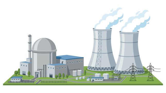 A nuclear power plant with cooling towers emitting steam on a green field.