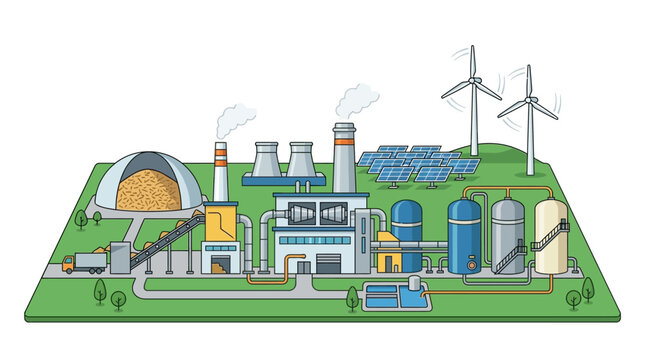 Industrial facility generates renewable energy with solar panels and wind turbines on a green hill