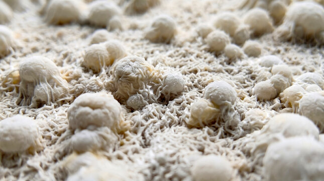 Detailed texture of white mycelium and mold structure in organic fermentation process