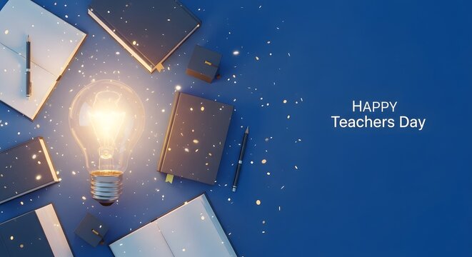 Bright lightbulb with flying papers and Happy Teachers Day text on dark blue starry background