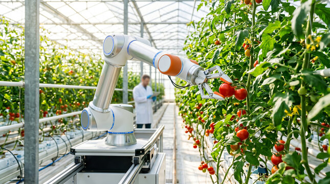 Industrial robot picking tomatoes in high-tech agricultural greenhouse