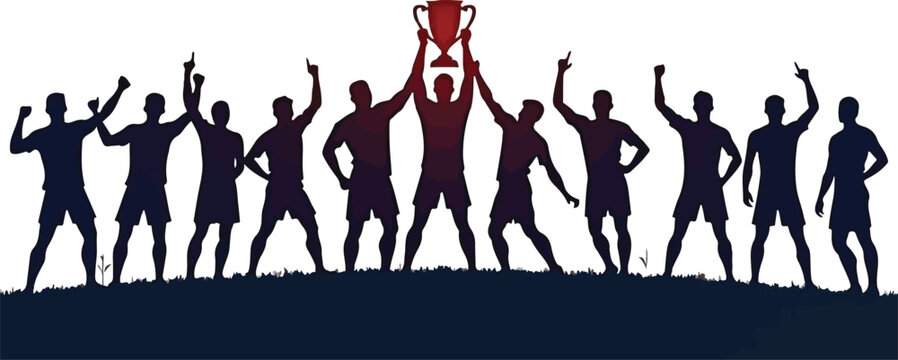 Soccer team celebrating victory with trophy on white background