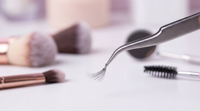 Close-up of tweezers precisely holding a few delicate false eyelashes, with makeup brushes and mascara in the blurred background