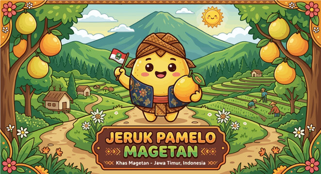 Happy yellow citrus fruit character wearing traditional Indonesian clothing and holding a small flag in a lush green terraced farm setting.