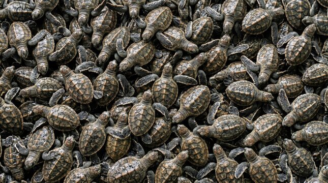 A dense mass of newly hatched sea turtles with patterned shells and flippers visible in a close up overhead view