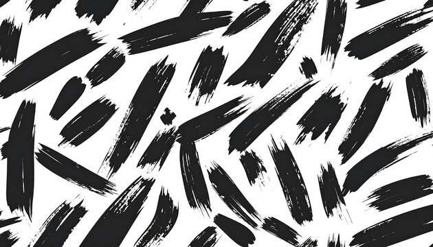 Black brushstroke pattern on a white background, creating a textured, abstract, and dynamic design. Featuring a range of angles and lengths