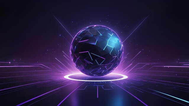 Futuristic glowing sphere with neon purple lights on a digital grid, abstract technology background