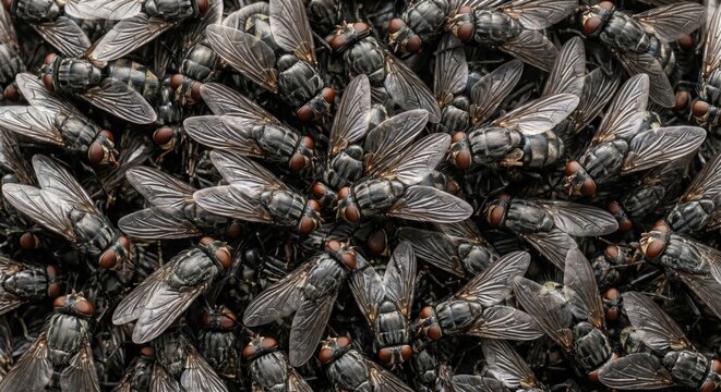 A dense pile of dead flies with iridescent gray bodies and large red compound eyes insects swarm