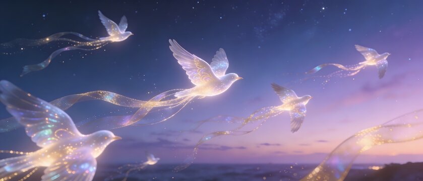 Glowing doves fly across a mystical twilight sky with sparkling trails, symbolizing peace and freedom.