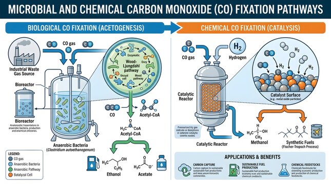 Microbial and Chemical Carbon Monoxide (CO) Fixation Pathways: Comparative Bioreactor and Catalyst‑Bed Processes Converting Toxic CO into Fuels and Chemicals, with Metabolic Routes, Reactor Flows and 