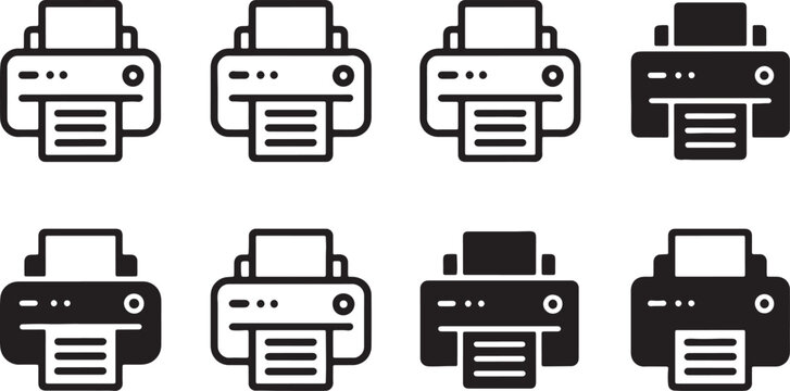 Set of eight modern inkjet printers isolated on transparent background