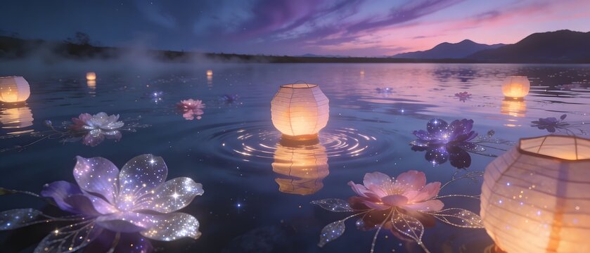 Paper lanterns and glowing flowers floating on a calm lake at twilight for a peaceful memorial ceremony under a purple sunset sky.