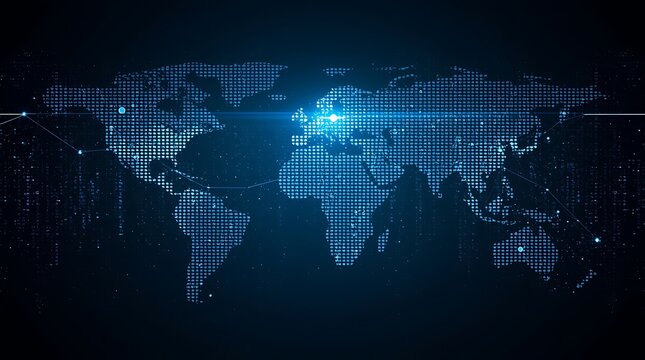 Digital World Map with Glowing Blue Light and Dots.